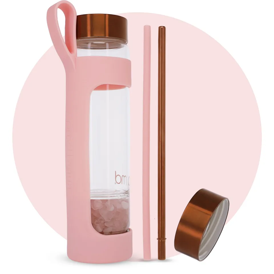 pmd-beauty-aqua-glass-water-bottle-kit-with-grade-a-rose-quartz-stones-16-2-oz-b image 1