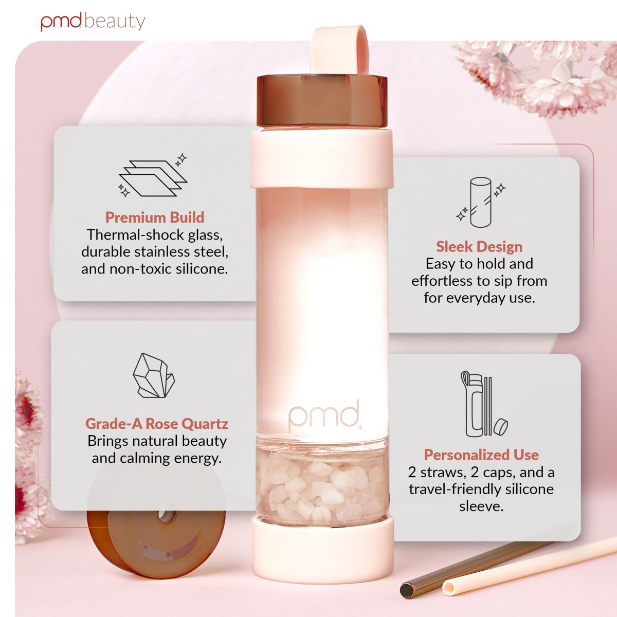 pmd-aqua-water-bottle-with-accessories-16-2-fl-oz-bpa-free-rose-quartz-infused image 2